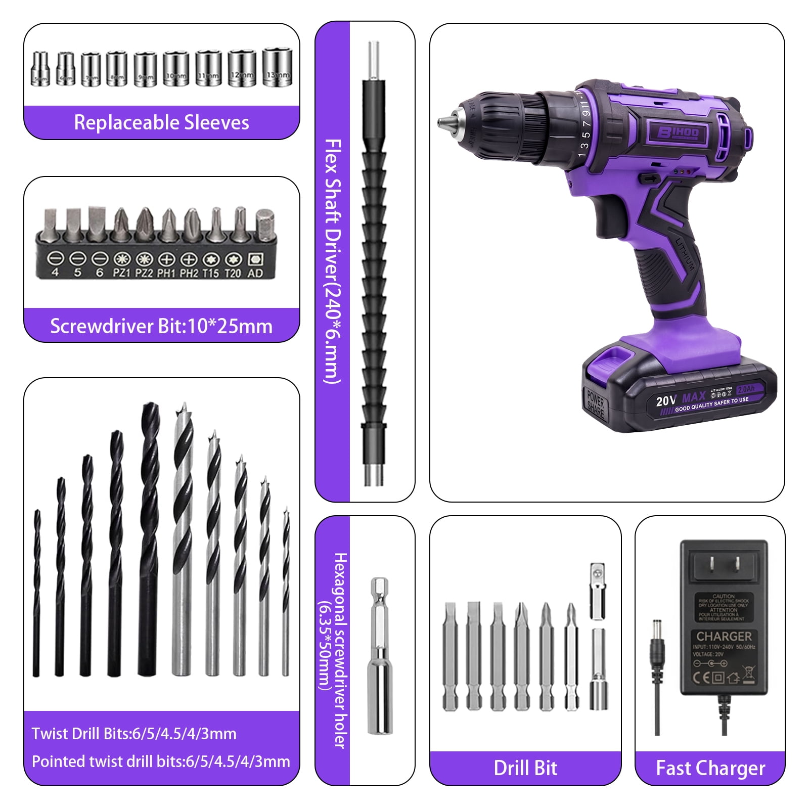 20V Purple Power Drill,Electric Drill Cordless with Battery and Charger,3/8-Inch Keyless Chuck, Variable Speed,with Drills Bits Set