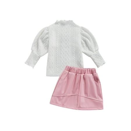 

DuAnyozu Girls Solid Color Mock Neck Knit Lantern Sleeve Tops Elastic Waist Leather Skirt