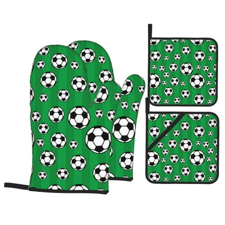 

Oven Mitts and Pot Holders 4 pcs Set soccer green stripe Heat Resistant Pot Holders Oven Mitts for kitchen Non-Slip Hanging Loop Oven Glove Potholders for Baking Cooking