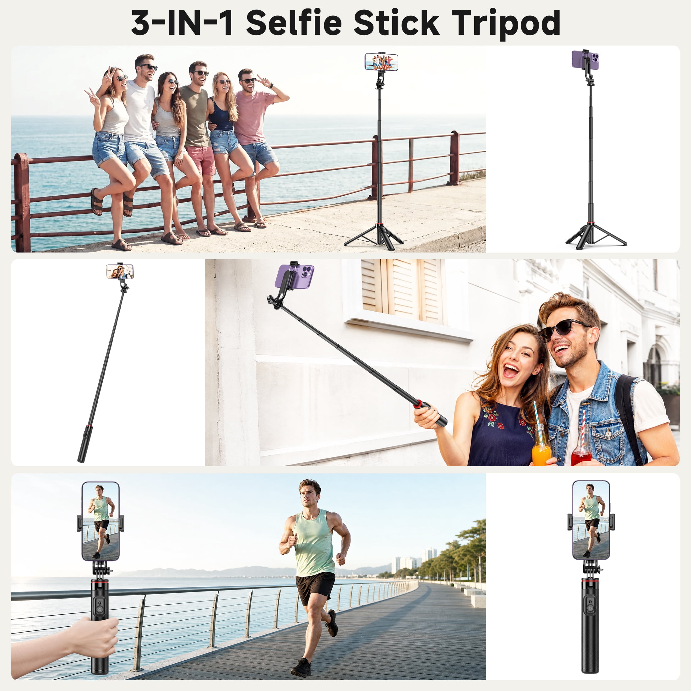 SelfieShow Selfie Stick, 52" Extendable Phone Tripod with Detachable Wireless Remote & Phone Stand, Compatible with iPhone android, Camera, Black