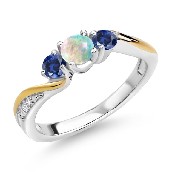 Gem Stone King 925 Silver and 10K Yellow Gold White Simulated Opal Blue Created Sapphire and White Lab Grown Diamond 3 Stone Engagement Ring for Women (0.56 Cttw, October Birthstone, Size 9)
