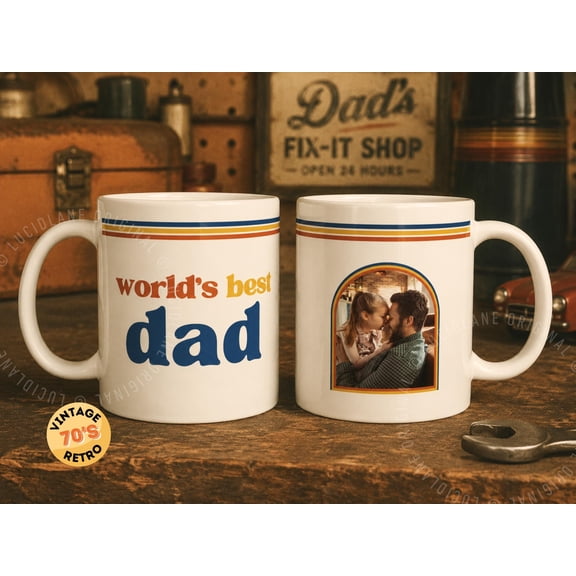 Custom World’s Best Dad Photo Mug | Retro 70s Father’s Day Gift | Vintage Dad Coffee Cup | New Dad gift | First Father's Day Gift