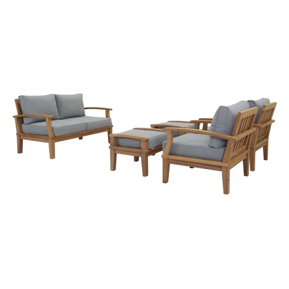 Modern Contemporary Urban Outdoor Patio Balcony Garden Furniture Lounge Sofa and Chair and Coffee Table Set, Wood, Grey Gray Natural