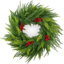 Guvpev 24"Norfolk Pine & Cypress Christmas Wreath for Front Door with Warm White LED Lights, Christmas Norfolk Pine Garlands for Table Wall Window Indoor Outdoor Christmas Decorations
