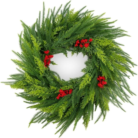 Guvpev 24"Norfolk Pine & Cypress Christmas Wreath for Front Door with Warm White LED Lights, Christmas Norfolk Pine Garlands for Table Wall Window Indoor Outdoor Christmas Decorations