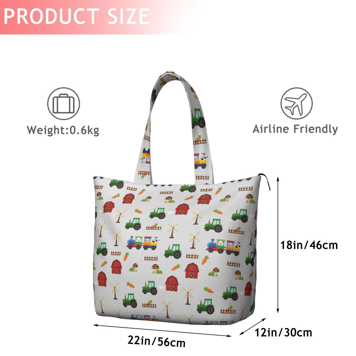 Cartoon Farm Vehicles Barns Gray Pattern Travel Tote Bags for Women Carry On,Large Weekender Bags for Women Travel,Multi Functional Duffle Bag for Work,Shopping,Sports
