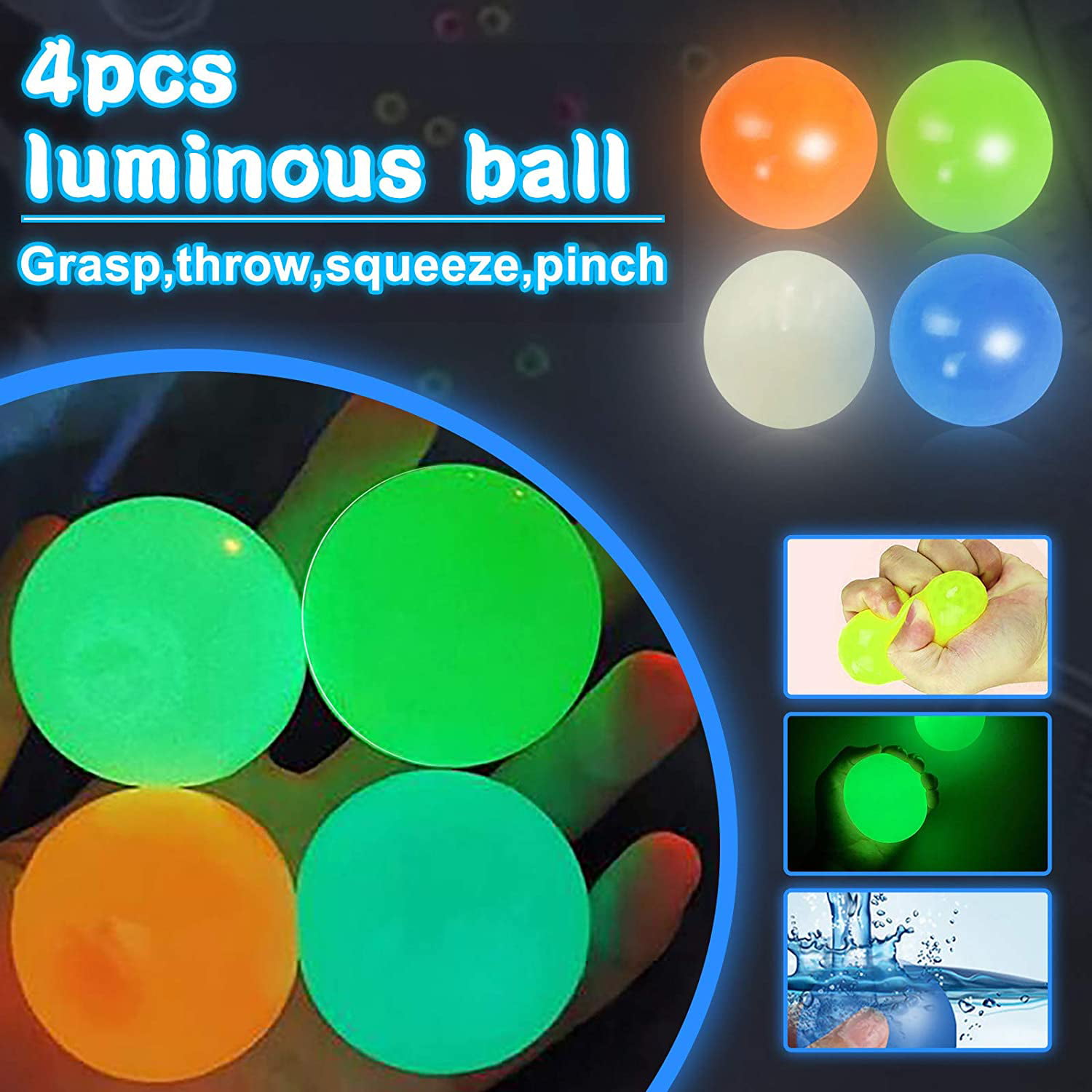4 Color Glow in The Dark Ceiling Balls,Stress Balls for Adults and Kids,Glow Sticks Balls,Squishy Toys for Kids,Sensory Toys,Stress Toys,Gifts for Adults and Kids 4.5 cm 