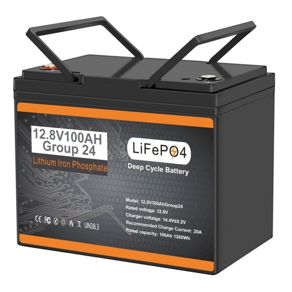 Group 24 Lithium Battery 12V 100Ah, 100A BMS Deep Cycle LiFePO4 Battery for Marine, RV, Solar System, Trolling Motor, Boat