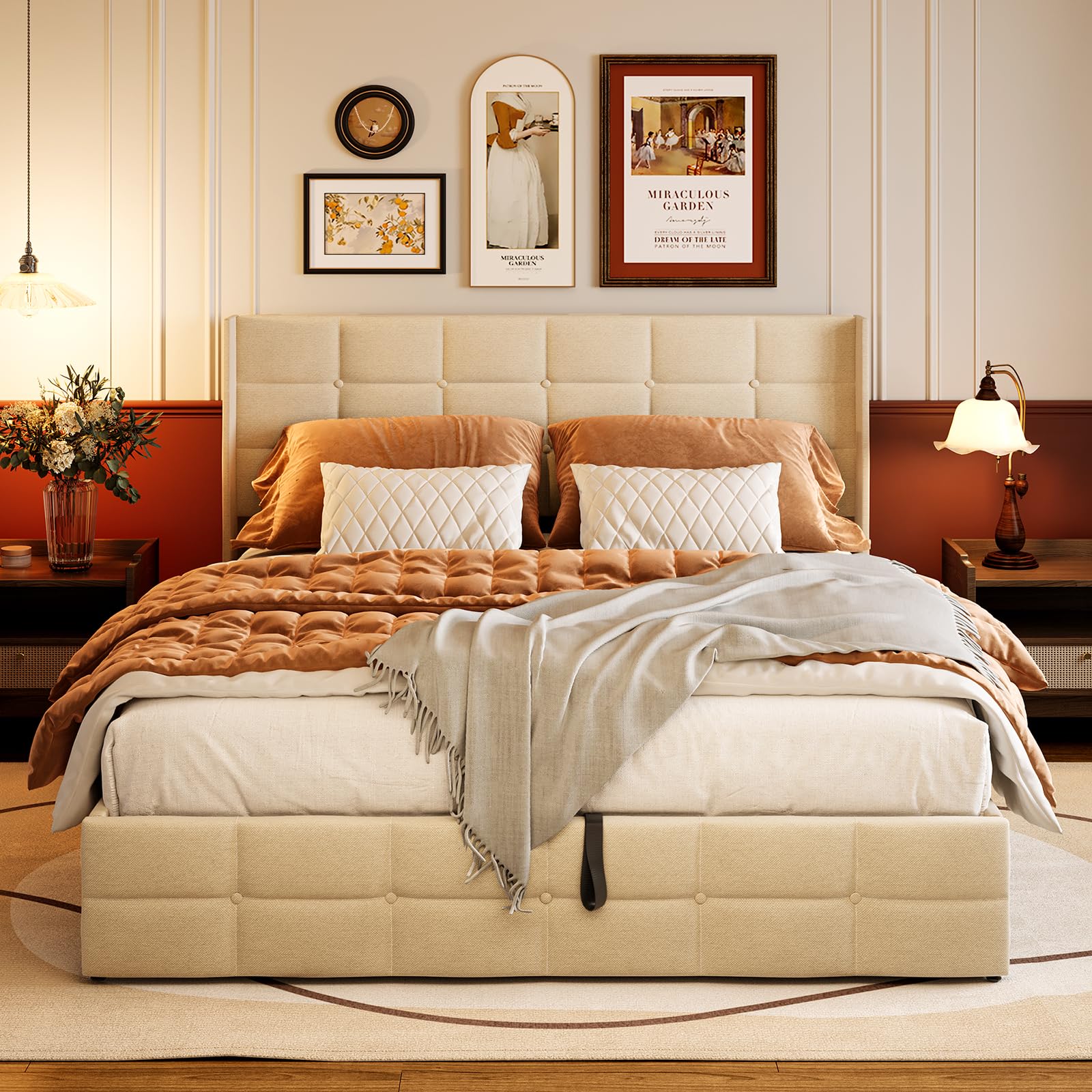 Aiho Queen Size Lift-Up Storage Bed - Upholstered Platform Bed Frame with Modern Wingback Headboard, Wooden Slats & Hydraulic Support, No Box Spring Required Beige