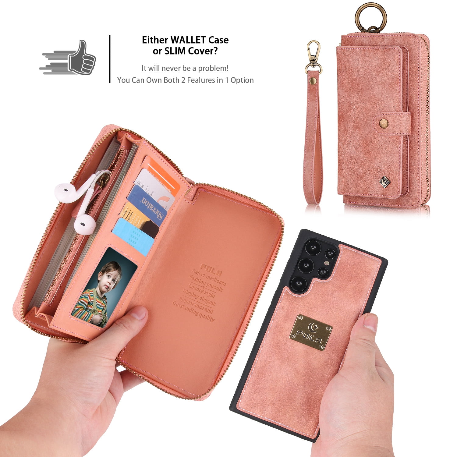 Samsung Galaxy S22 Ultra Leather Flip Case Cover, Galaxy S22 Ultra Zipper Wallet Case for Women and Men, Dteck 14 Card Holder Zipper Pocket Magnetic Detachable Wallet Folio Case Leather Pouch,Pink