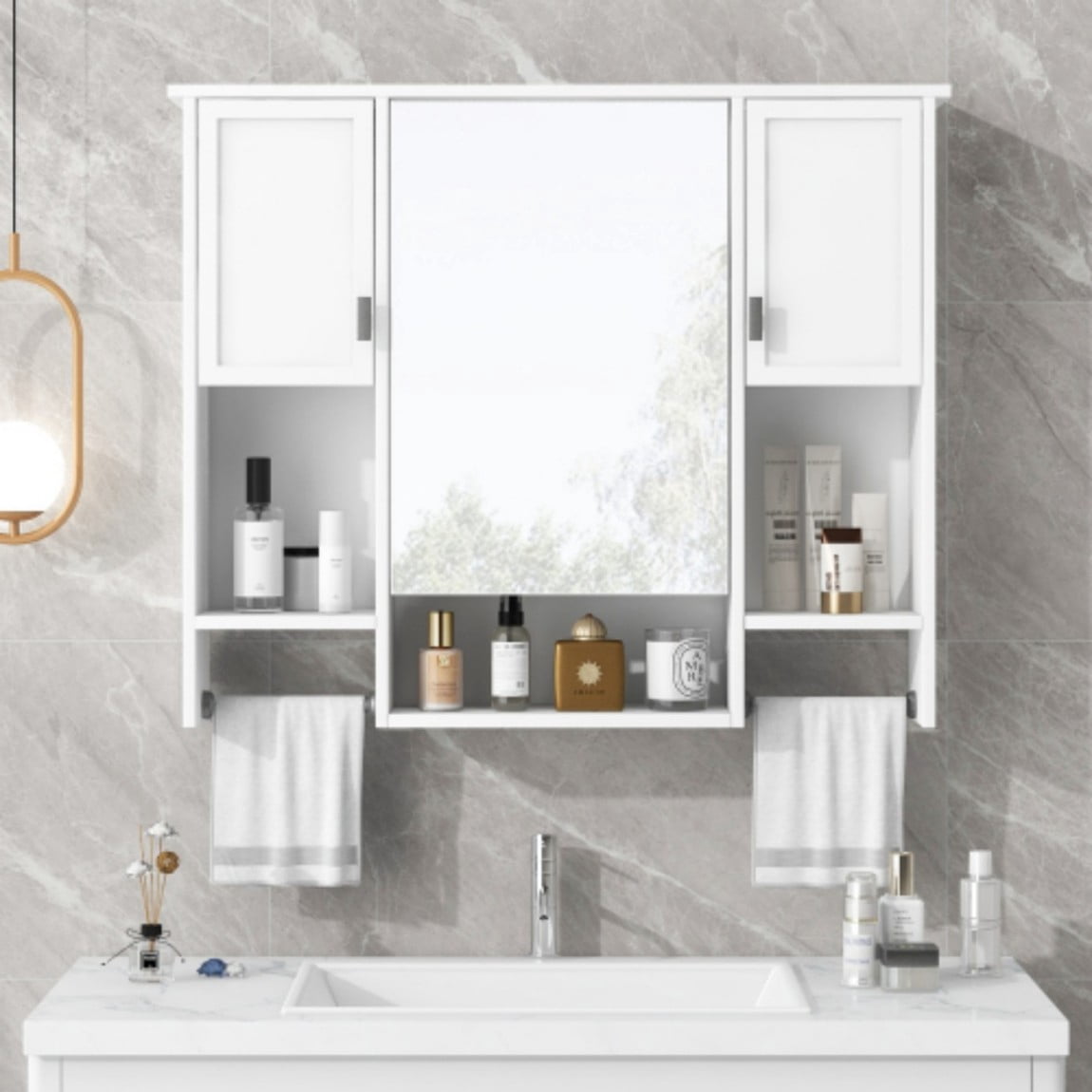 35"x 28" Wall Mounted Bathroom Medicine Cabinet with Mirror, Bathroom Storage Cabinet with Towel Bar, Adjustable Shelves, 3-Door MDF Wall Cabinet, White