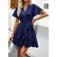 thumbnail image 6 of Womens Sexy Deep V Neck Short Sleeve Tie Waist Ruffle Hem Flowy Swing Mini Short Wrap Dress, 6 of 7