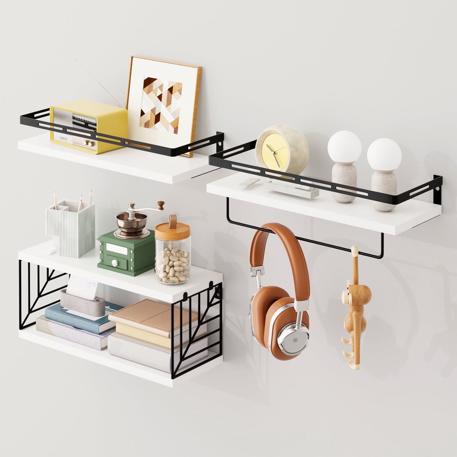 Fairy 4pcs Bathroom Floating Shelves Over Toilet, Wall Shelves with Towel Bar for Bathroom, Living Room (White)
