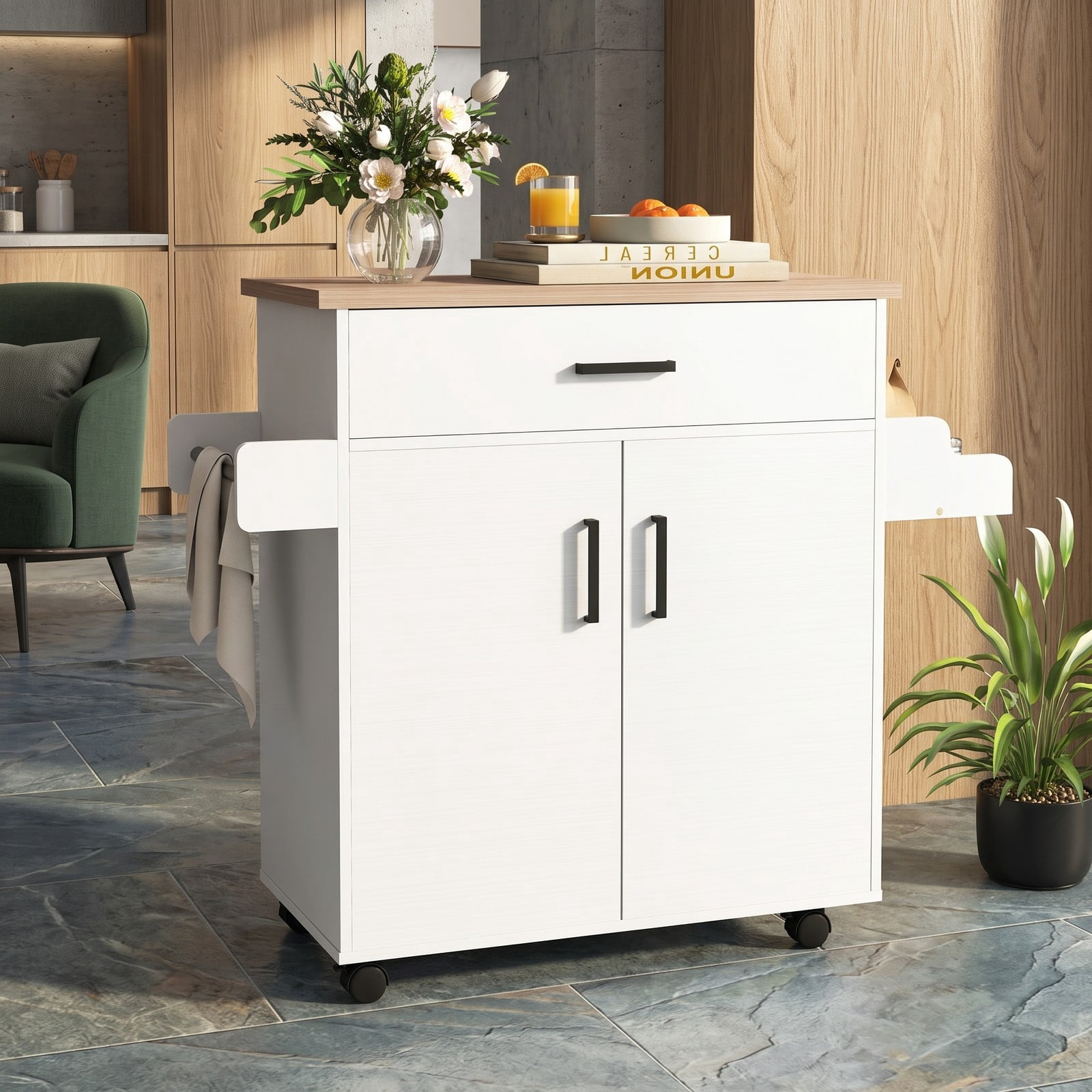 Furnibear Rolling Kitchen Island Cart with Storage Drawer, 2-Tier Cabinet, Spice Rack and Towel Bar, Portable Utility Cart on Locking Wheels for Kitchen Dining, White