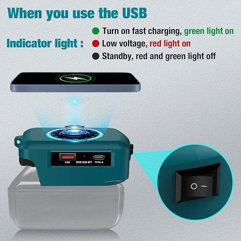 Wireless Charger Adapter,for Bos*ch 18V Battery,15W Max Wireless Charging Adapter for iPhone for Cell Phone,with USB-A&USB-C 2.1A Fast Charge Ports,Wireless Chargers Using Tool Battery