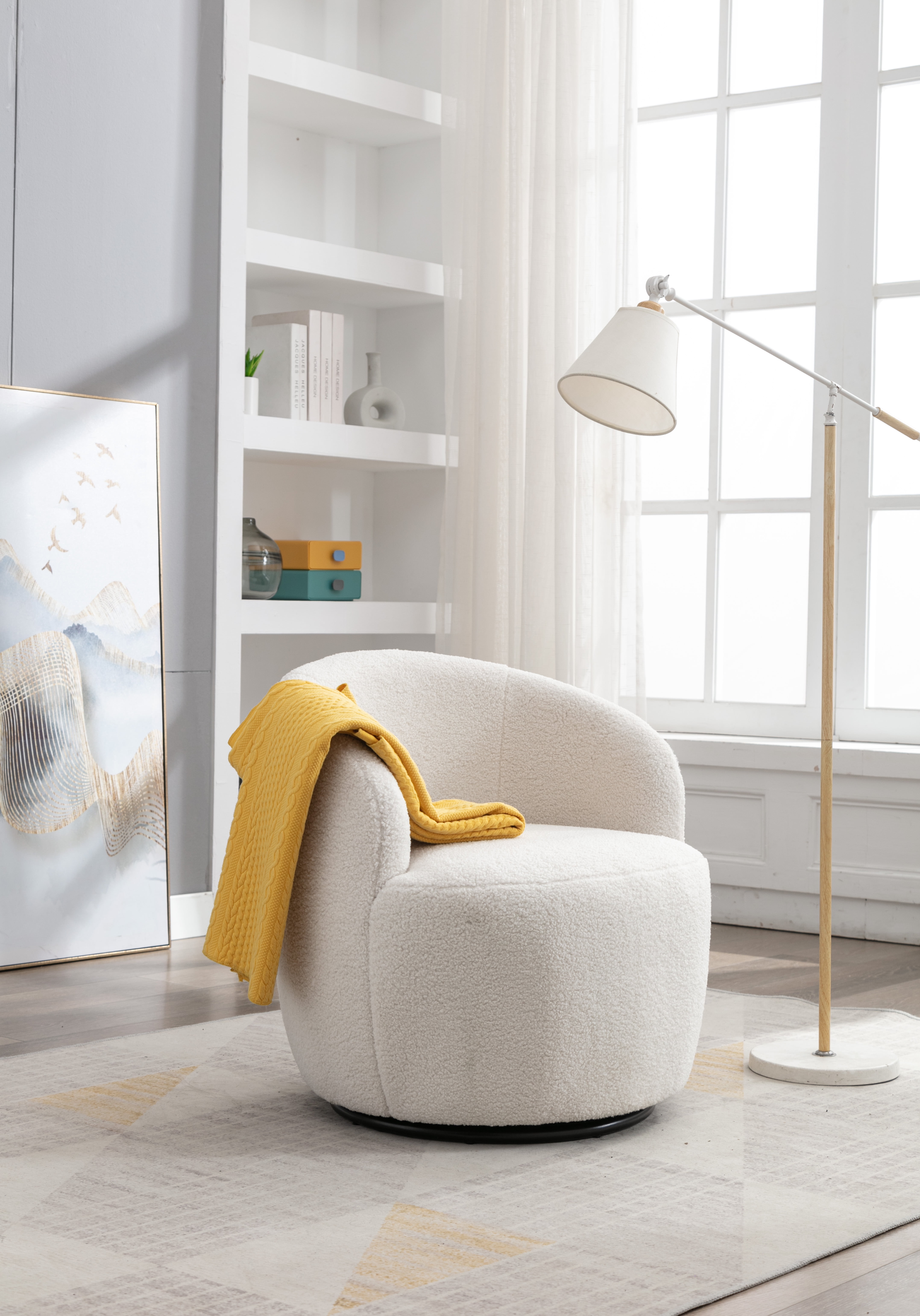 Soft Teddy Fabric Swivel Accent Chair with Ottoman, 360° Rotation, Ergonomic Backrest, Wooden Frame, 250 lbs Capacity for Living Room Bedroom