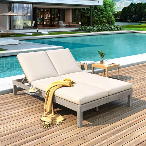 Eyisean 76" Modern Wood Outdoor Patio Double Chaise Lounge, 5-Position Adjustable Backres Daybed Sunbed, All Weather Patio Daybed with Cushion & Folding Side Trays, Comfy Sofa Chair for Garden