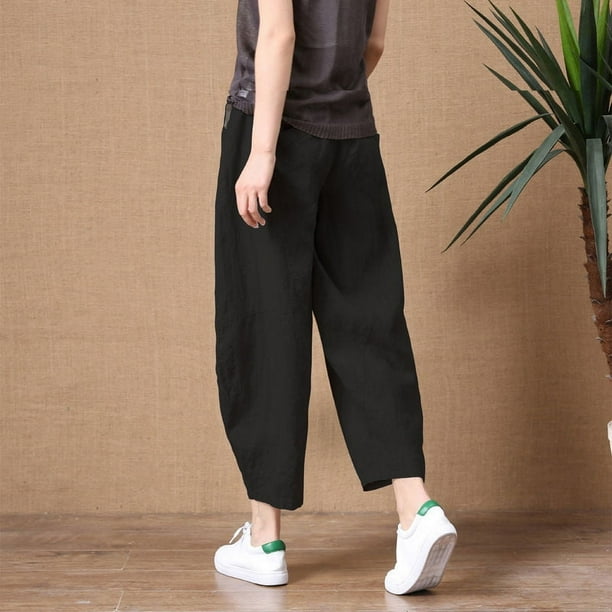 Pantalones anchos de lino y algodón pequeños para mujer, pantalones casuales de lino de nueve puntos que combinan con todo, sueltos y de talla grande para uso exterior