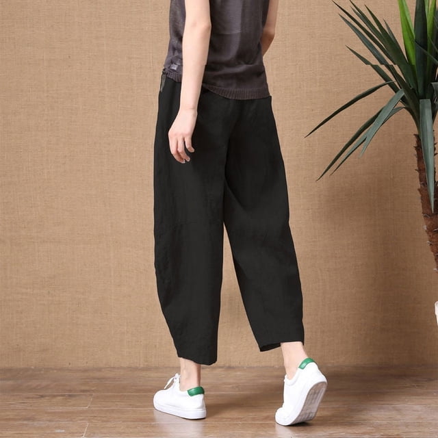 Pantalones anchos de lino y algodón pequeños para mujer, pantalones casuales de lino de nueve puntos que combinan con todo, sueltos y de talla grande para uso exterior