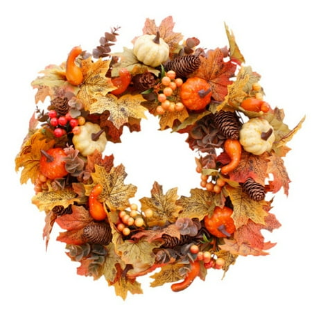 Small Front Door Wreath 21.6in Fall Wreath Front Door Wreath with Maple Leaf,Pumpkin, Pine cone,Berries Garland Harvest Wreath for Halloween ()