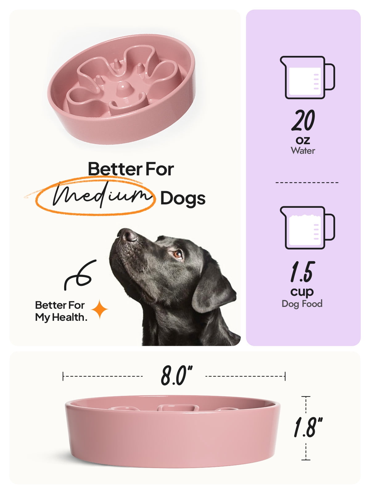 LE TAUC 8 Inch Ceramic Slow Feeder Dog Bowl for Medium Breed, Maze, Pink Bloom, 1.5 Cups