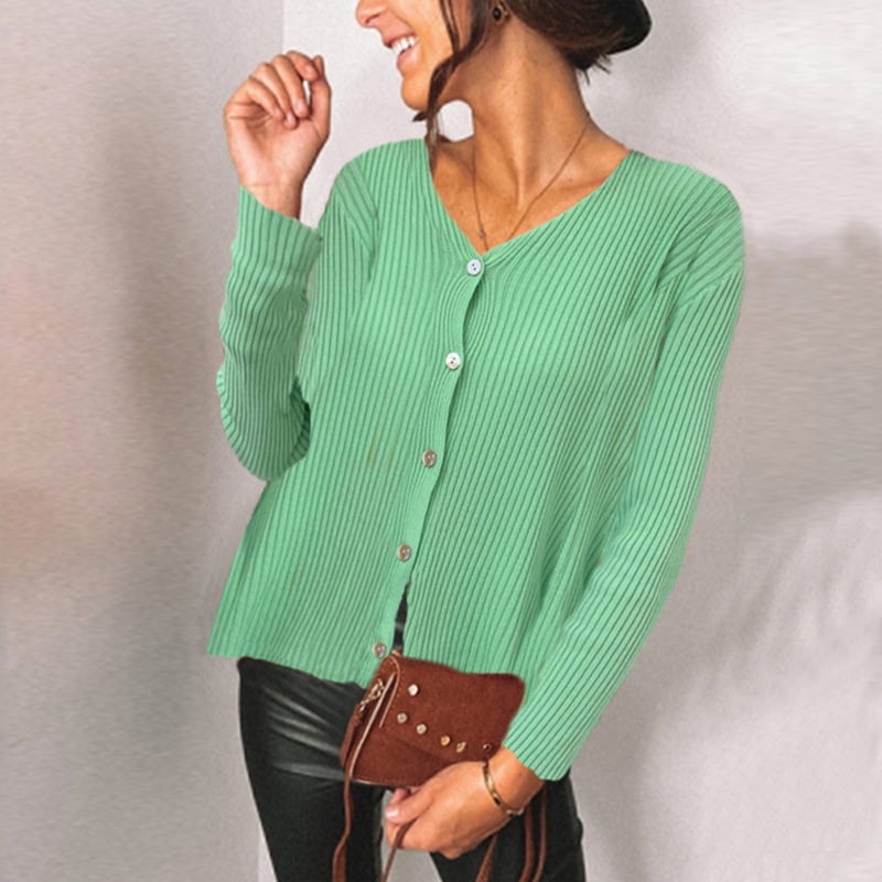 Woose Women's Solid Color Button Long Sleeved Tops V Neck Cardigan Sweater Coat Temperament Commuter Comfortable Coat, Size: 2XL, Green