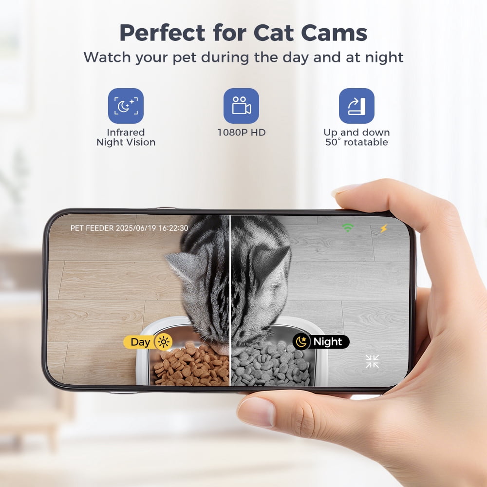 Automatic Cat Feeder with Camera & Night Vision, DOMIPET WiFi Cat Food Dispenser Dog Timed Feeder Two-way Audio 6L Pet Feeder for Cat/Dog, APP