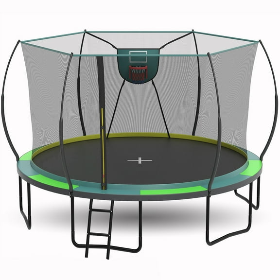 12FT Kids Trampoline, Seizeen Upgraded Curved Trampoline with Enclosure for Outdoor Play, 2-IN-1 Trampoline with Hoop for 6-8 Boys and Girls