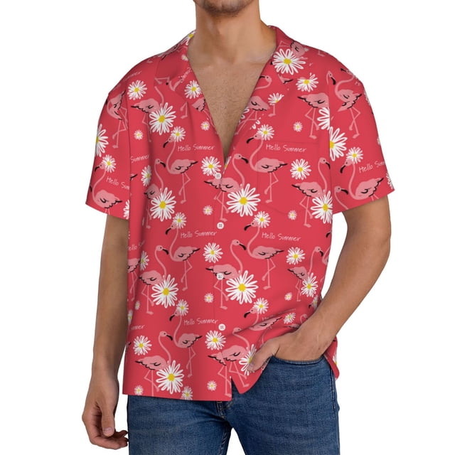 Fotbe Hello Summer Flamingo Camisa Estampada de Manga Corta para Hombre, Casual de Verano, Estilo Playero, Sin Arrugas-Large