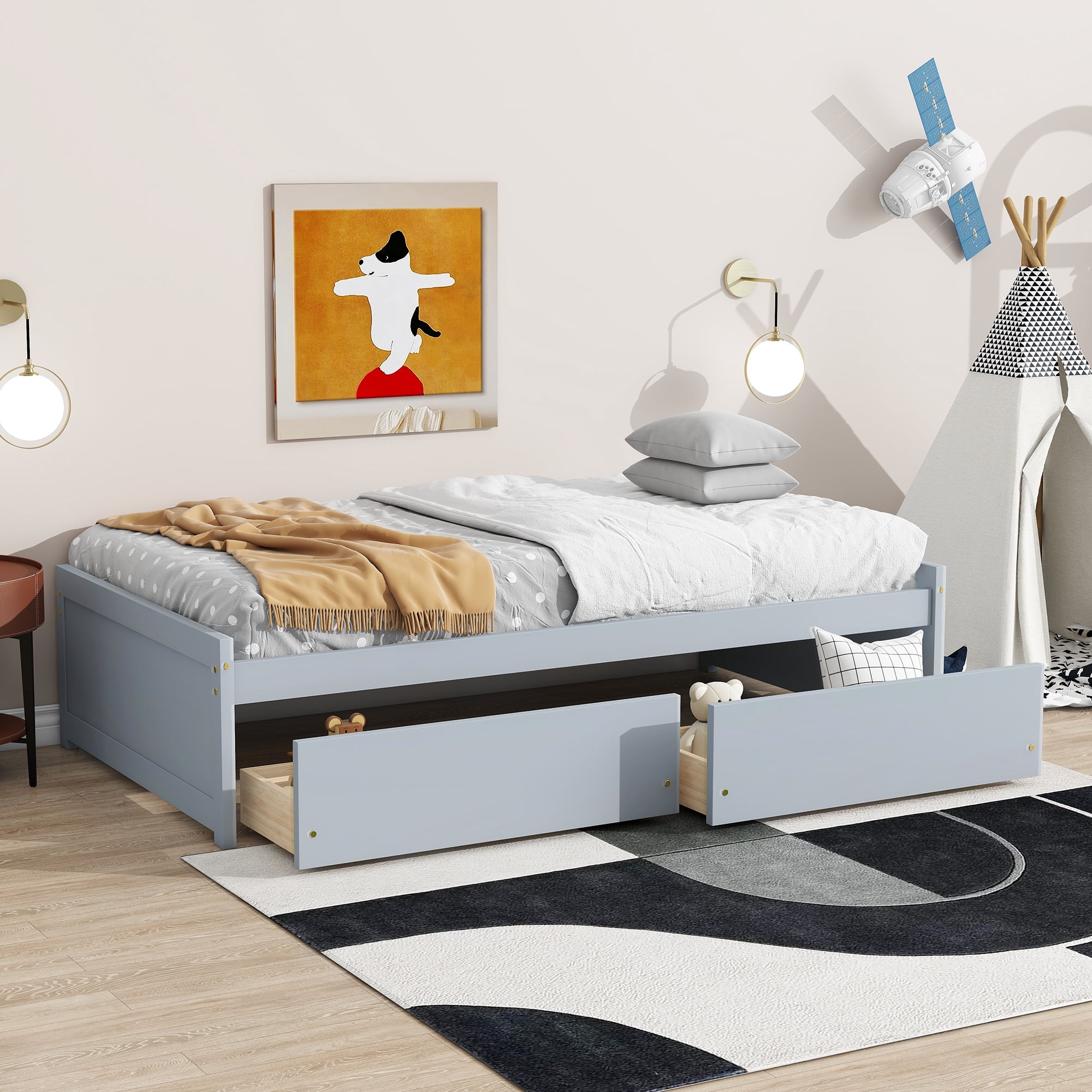 Sailvan Twin Size Bed with 2 Drawers, Solid Rubber Wood Bed