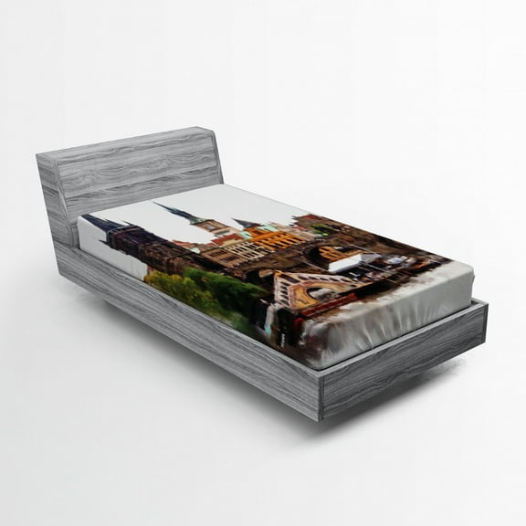 Scenery Fitted Sheet, European Country Landscape with Houses and River Watercolors Style Print, Soft Decorative Fabric Bedding, Twin XL Size, Multicolor, by Ambesonne