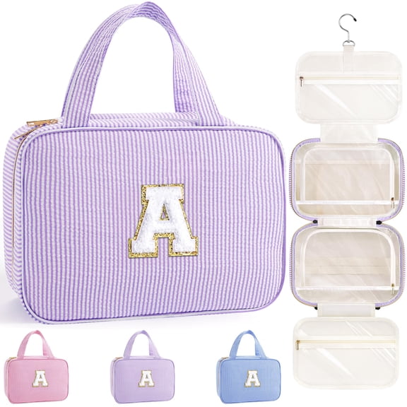 YOOLIFE Travel Hanging Toiletry Bag & Makeup Bag, Personalized Initial Toiletry Pouch, Birthday Gifts for Women Teen Girls, Cruise Essentials, Purple A