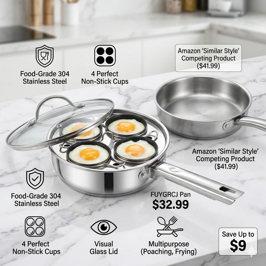FUYGRCJ Egg Poacher Pan, Stainless Steel Poached Egg Cooker, Perfect Poached Egg Maker Pan, Induction Cooktop Egg Poachers Cookware Set, Stovetop Egg Poacher Set with 4 Nonstick Egg Poacher Cups
