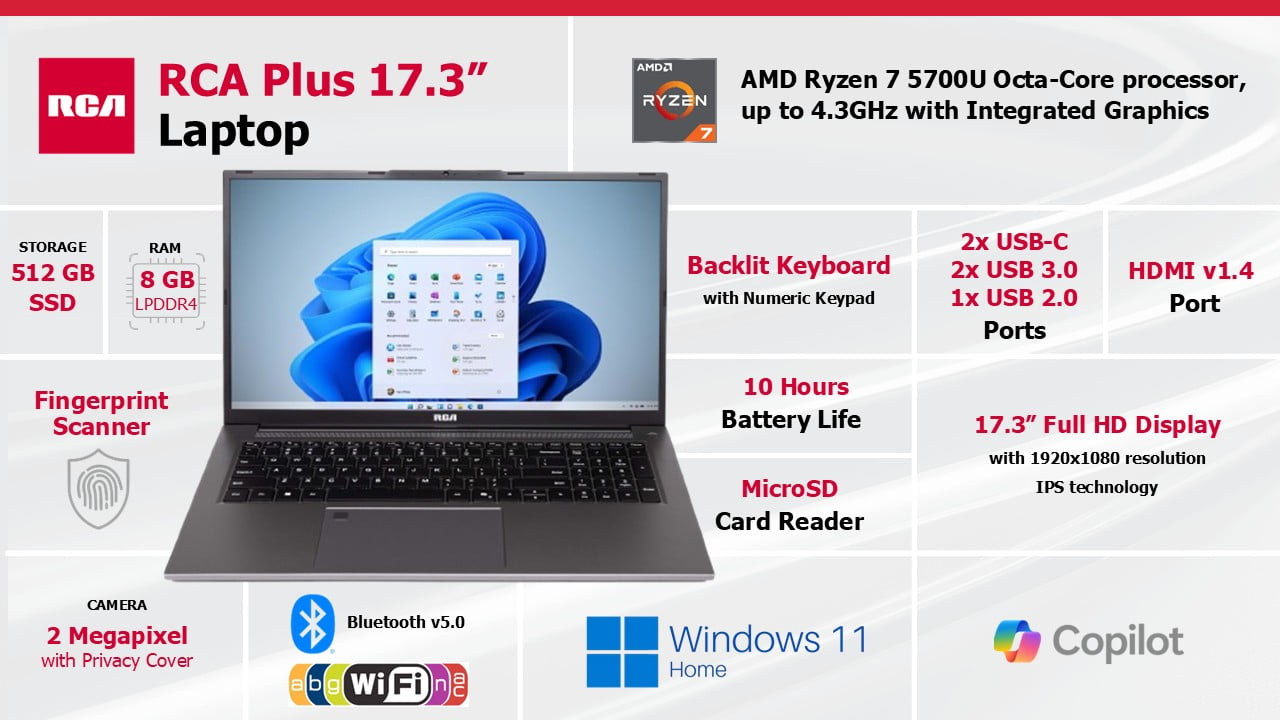RCA 17.3” Slim Notebook, FHD Resolution, AMD Ryzen 7-5700U, 512GB