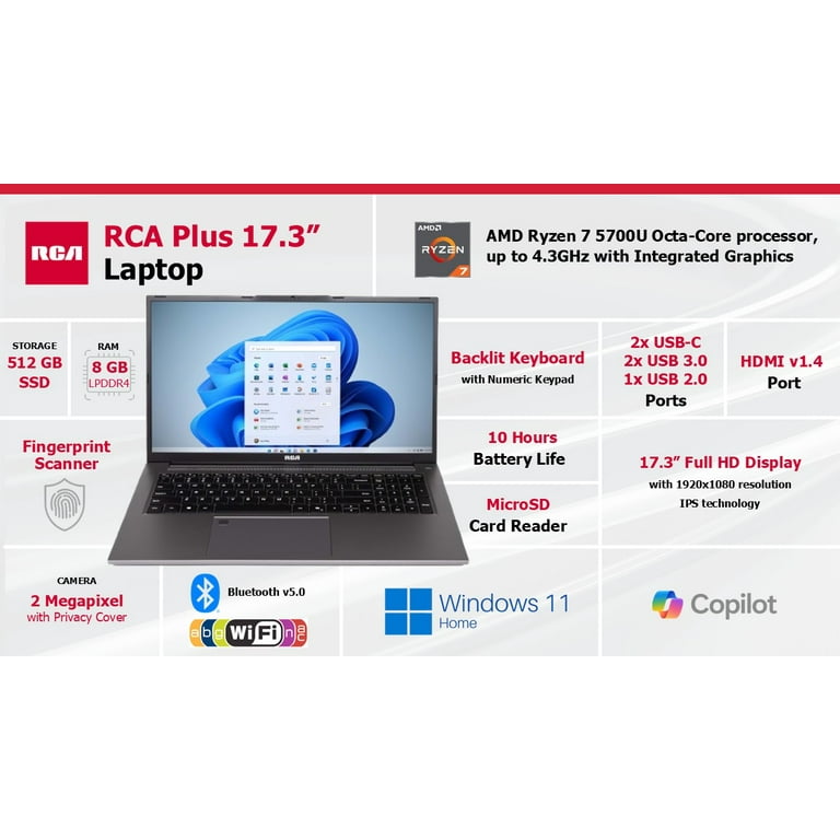 RCA 17.3” Slim Notebook, FHD Resolution, AMD Ryzen 7-5700U, 512GB