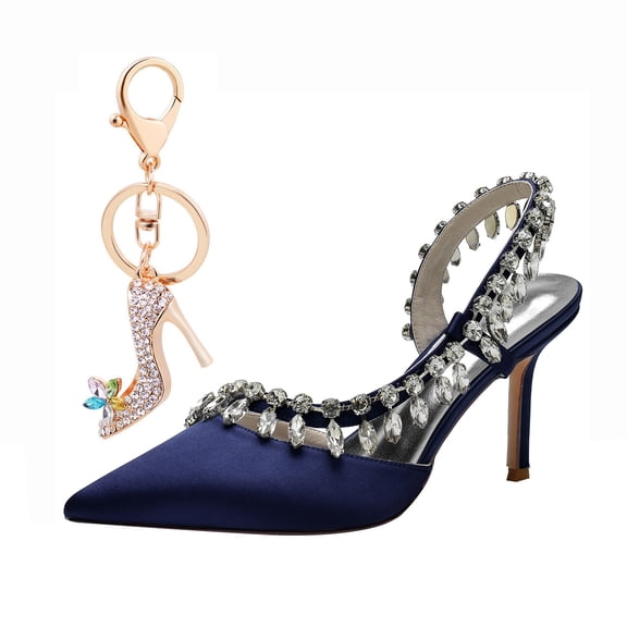 Women Pointed Toe High Heels Sexy Pumps Rhinestone chain Backless Satin Wedding Shoes