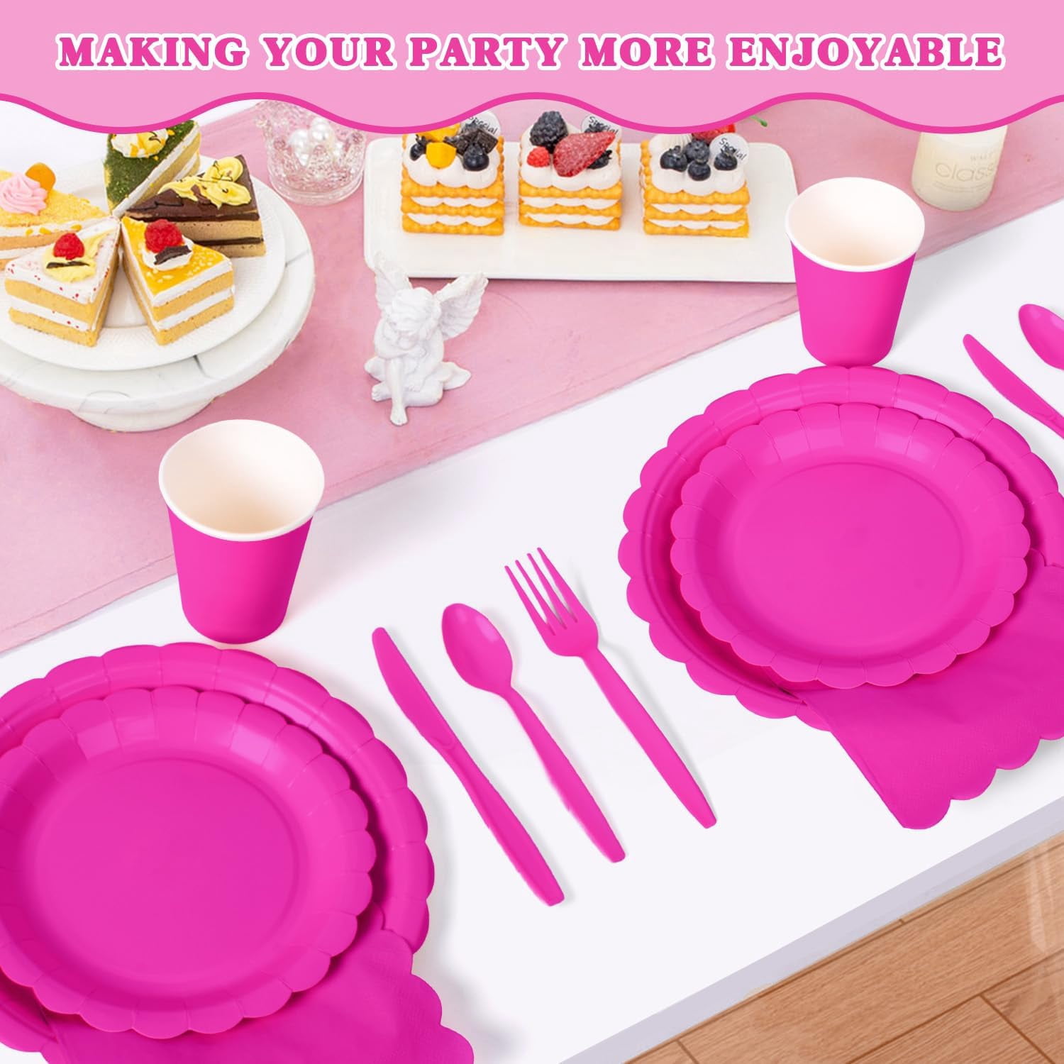 175 Pcs Hot Pink Disposable Paper Plates and Napkins Set for 25, 9" Dinner Plates & 7" Dessert Plates, Tableware for Birthday, Bachelorette, Party