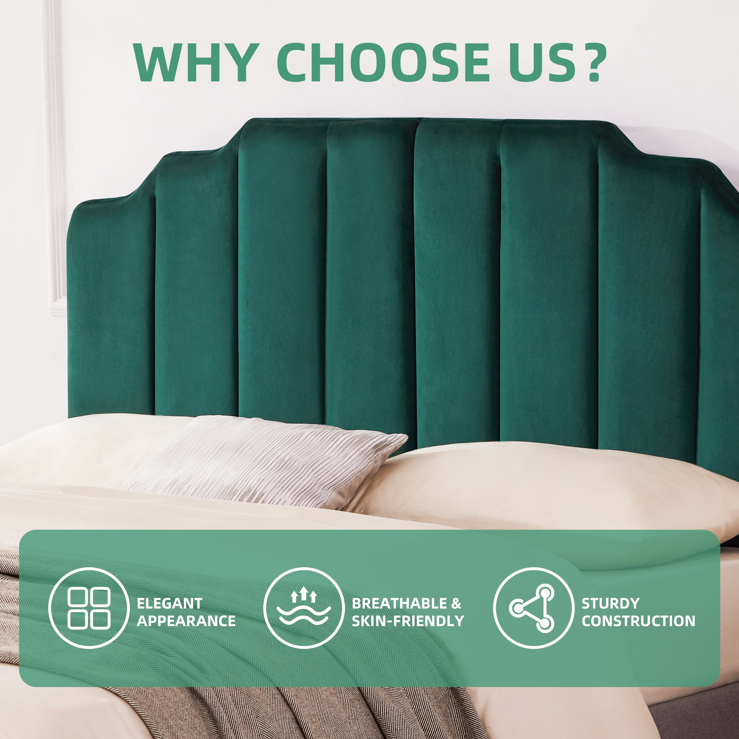 Weture Tufted Velvet Upholstered Sleigh Headboard, Queen, Dark Green