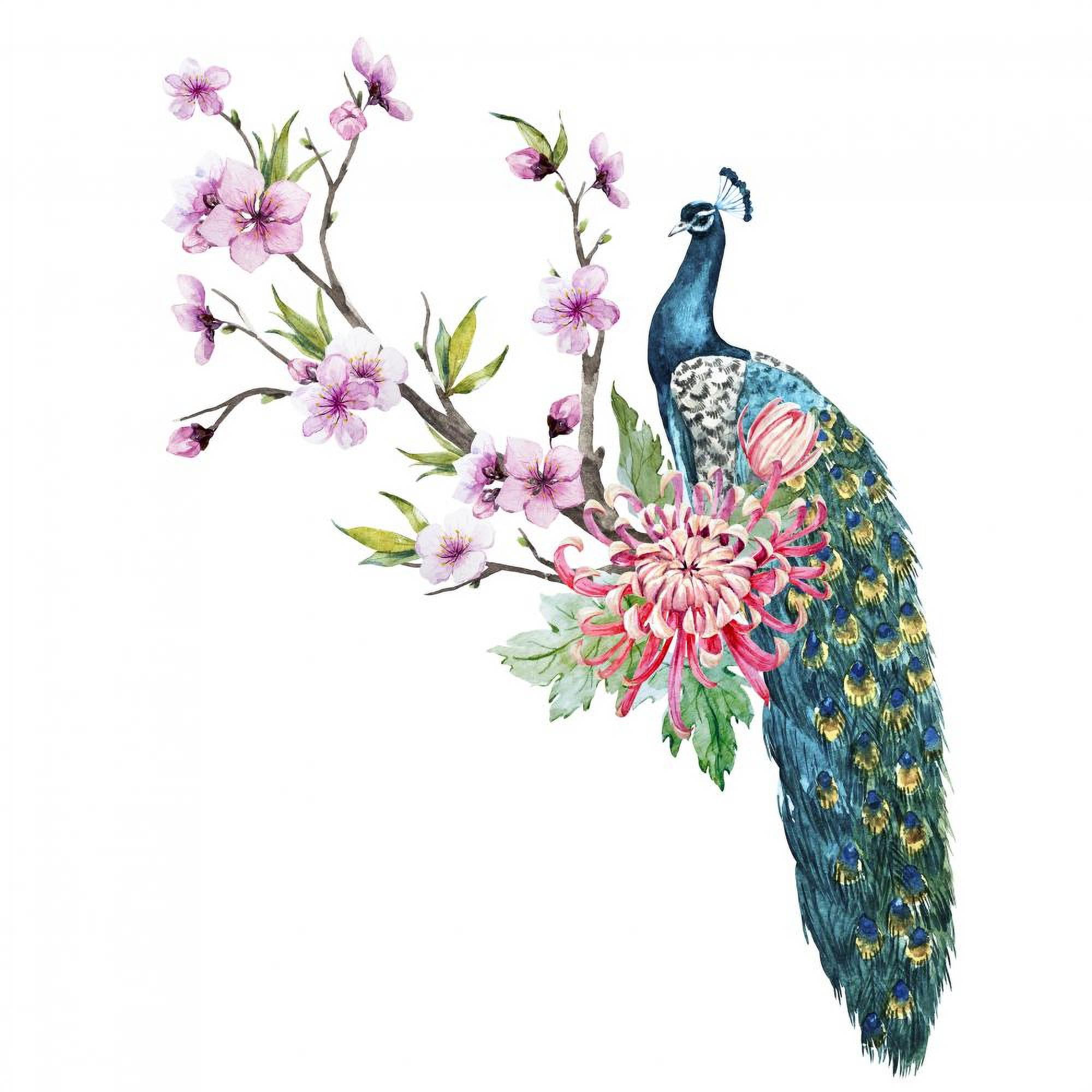 Watercolor Peacock with Flowers Wall Decal Wallmonkeys Peel and Stick  Animal Graphics (24 in H x 24 in W) WM502621 
