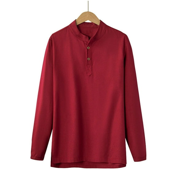 Kakii Men's Linen-Look Stand Collar Shirt, Textured Long Sleeve Button Down with Three-Button Placket, Business Casual Top (Multiple Colors)