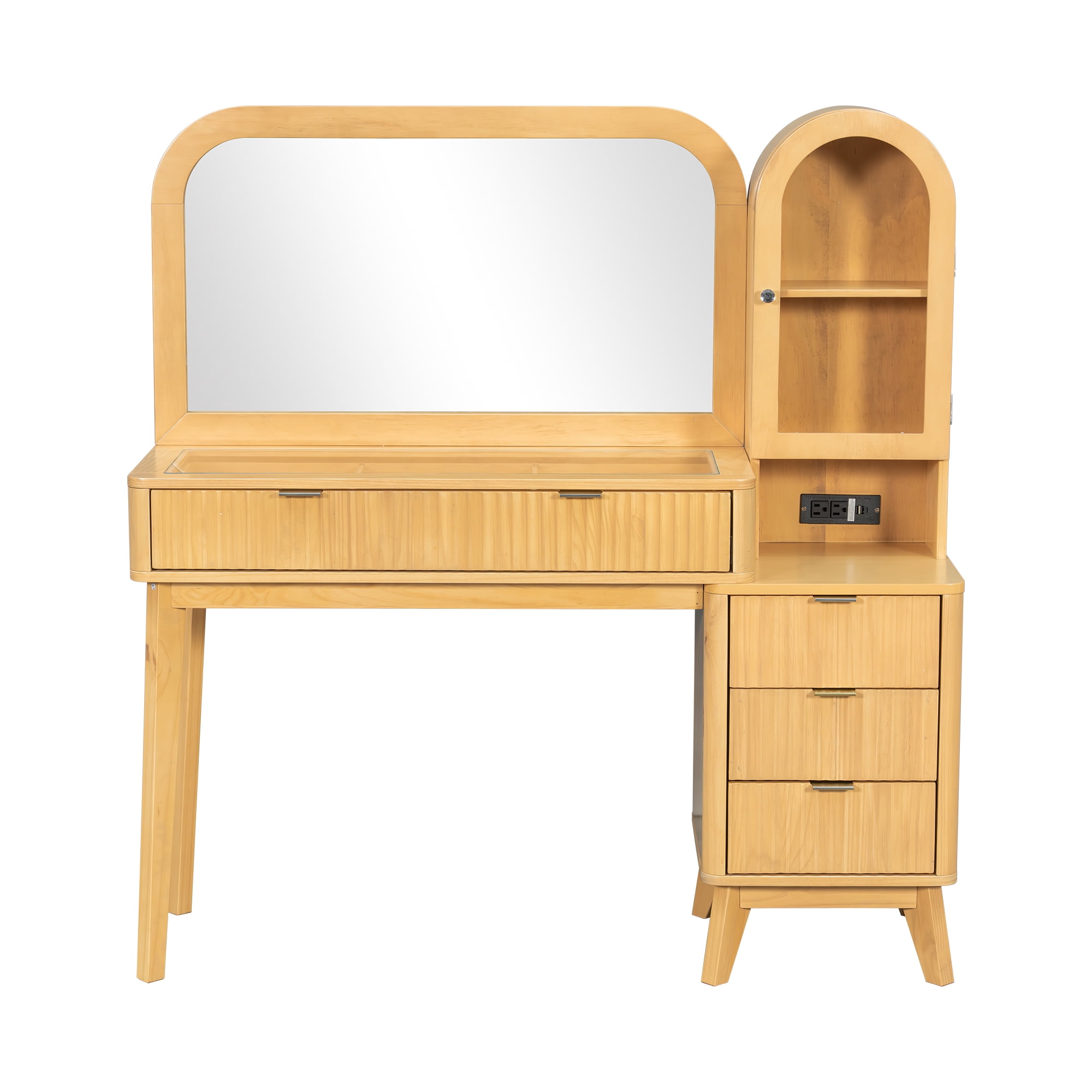 Large 48-Inch Fluted Makeup Vanity Desk with 32-Inch Mirror, Glass Top Table with 4 Drawers and Storage Cabinet, Charging Station for Bedroom, Natural