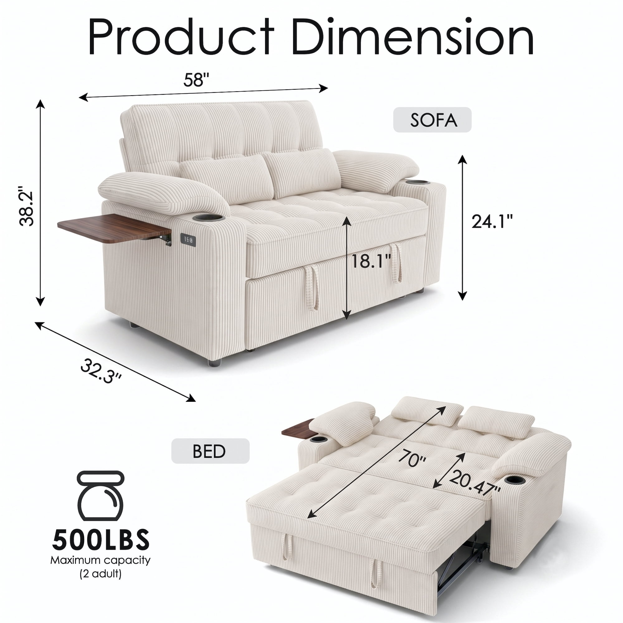 58" Sleeper Sofa Bed, Full Size Pull Out Couch, Convertible Corduroy Loveseat with USB Charging, Cup Holders, Side Table, Adjustable Backrest, Side Pockets for Living Room, Apartment, Office (Beige)