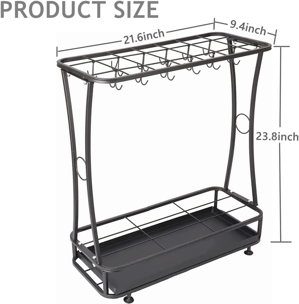 Umbrella Holder Stand with Removable Drip Tray, Slots and Hooks, Free Standing for Indoor Outdoor Home Office Entryway (Black)