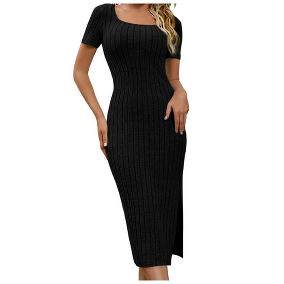 Kureaily Women's Summer Bodycon Casual Short Sleeve Square Neck Midi Dress Knit Side Slit Long Ribbed Dresses