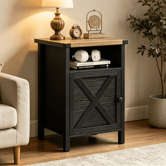 Catrimown Black Farmhouse Nightstand, Side End Table with Barn Door and Shelf, Rustic Modern Bedside Table for Bedroom Living Room