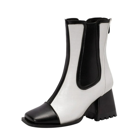 Bmisegm Ladies Fashion Colorblock Leather Face Square Toe Back Zip High Heel Boots Shoes Boots for Women White 7.5
