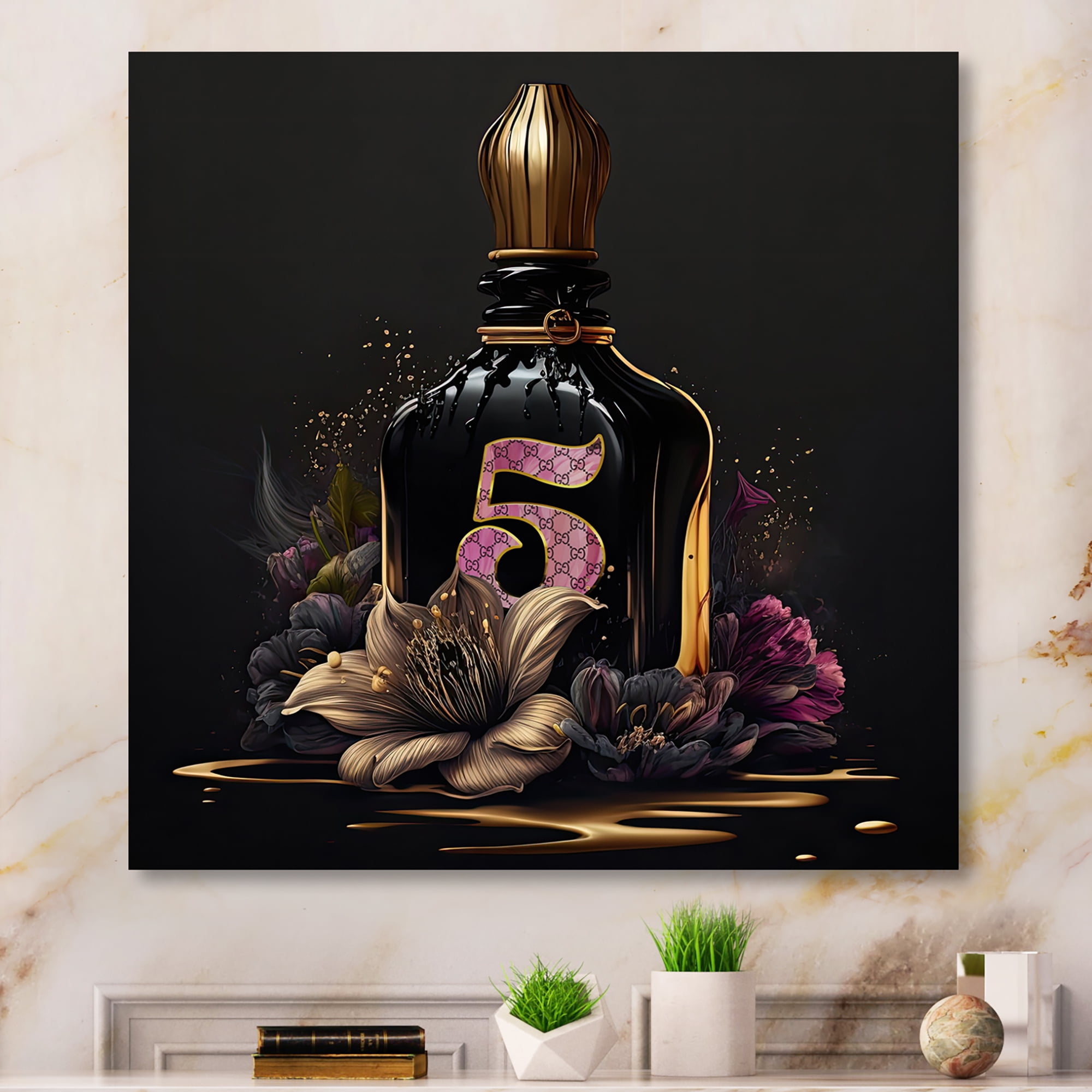 Designart Chic Perfume Bottle With Pink Roses III Canvas Wall Art