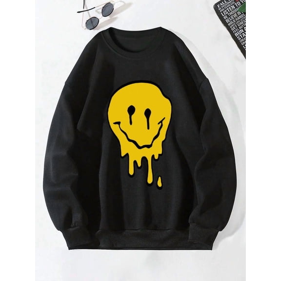 Men's Funny Smiling Face Print Crew Neck Sweatshirt, Street Fashion, Autumn/Winter