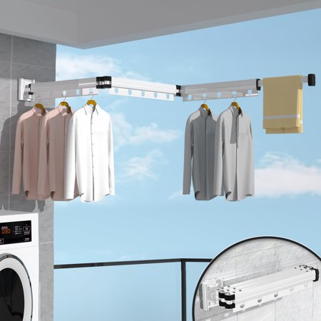 Wall Mounted Space Saving 360° Folding Clothes Drying Rack, Retractable Collapsible Windproof Hanging Hole Laundry Rack, Suitable for Balcony, Laundry Rack?3-Fold-White?