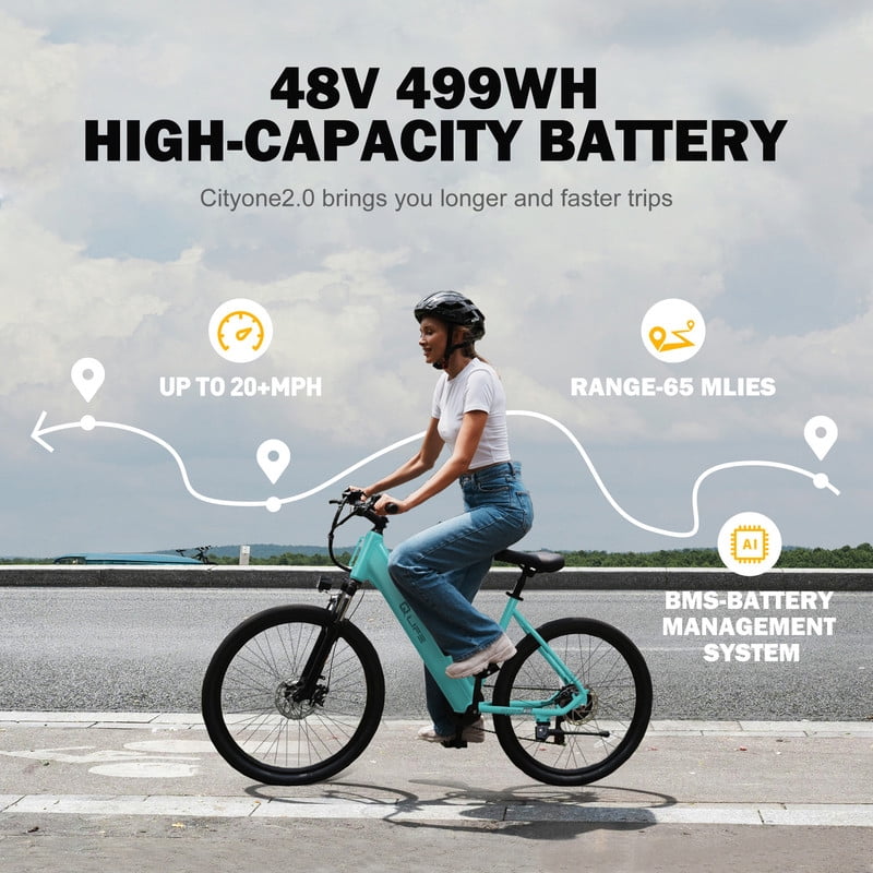 Qlife Electric Bike for Adults,28MPH,1200W Peak Motor 26" Ebike,7-Speed Upgrade 2.0 Electric Bicycle with Front Suspension, (White) with Fender & Rear Rack